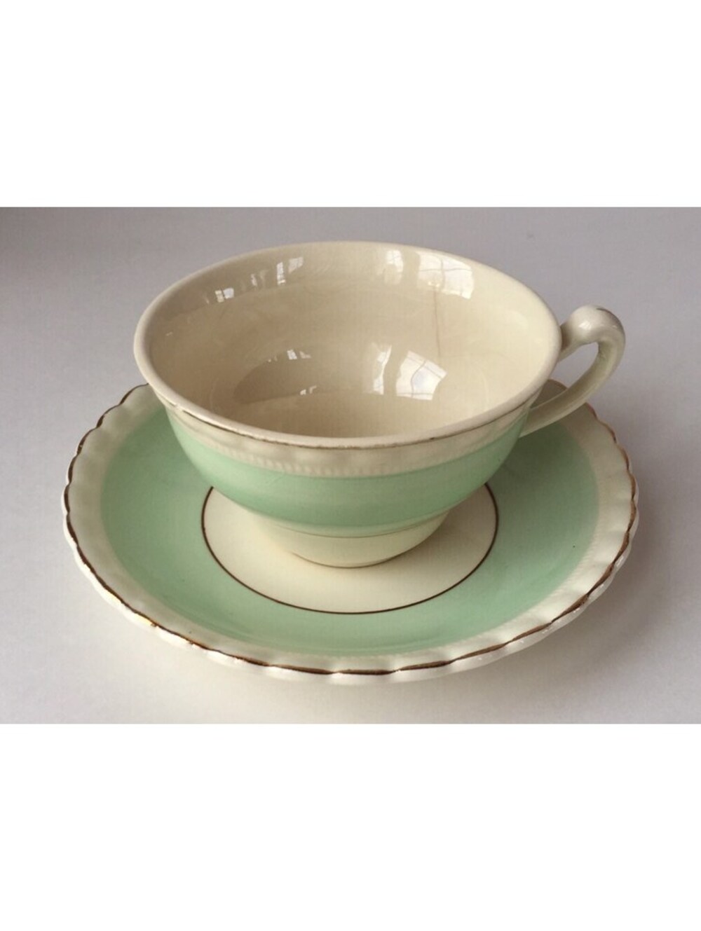 Vintage Sol J&G Meakin England Teacup Saucer Set, Mint Green Gold Trim